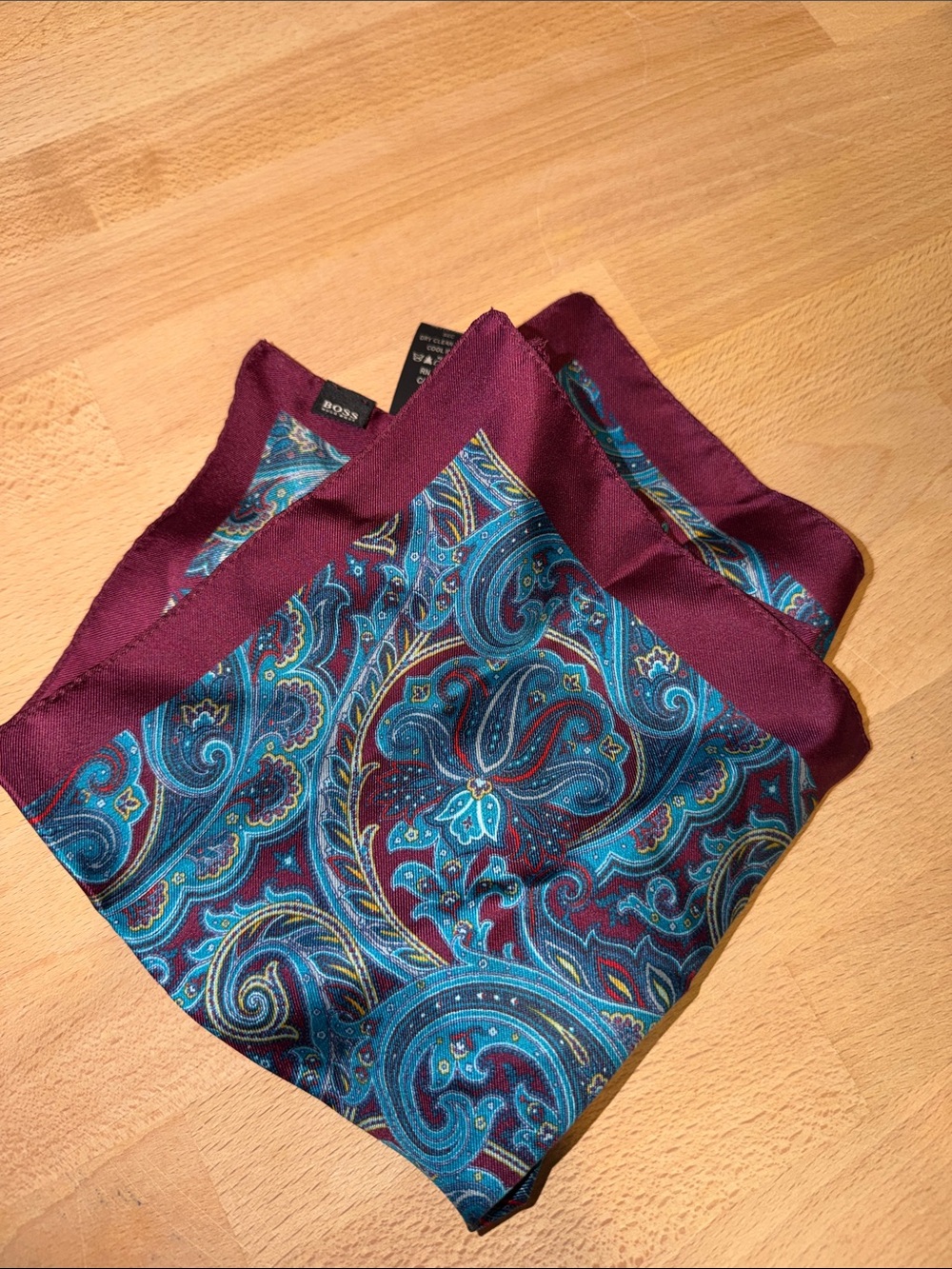 BOSS Paisley Silk Pocket Square in Teal and Burgundy